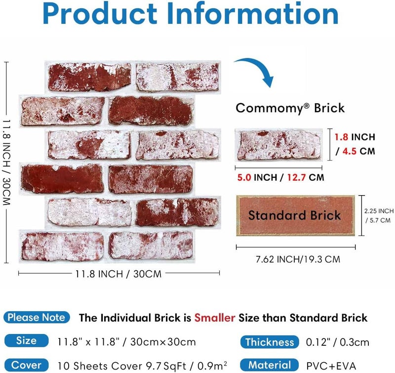 COMSTICKC 3D Red Brick Wall Panels, Faux Brick Peel and Stick Wall Panels,10 Pcs of 12"X12",Small Size Thin PVC Whitewash Red Brick Self Adhesive Fake Brick Backsplash Interior Decor - Image 3